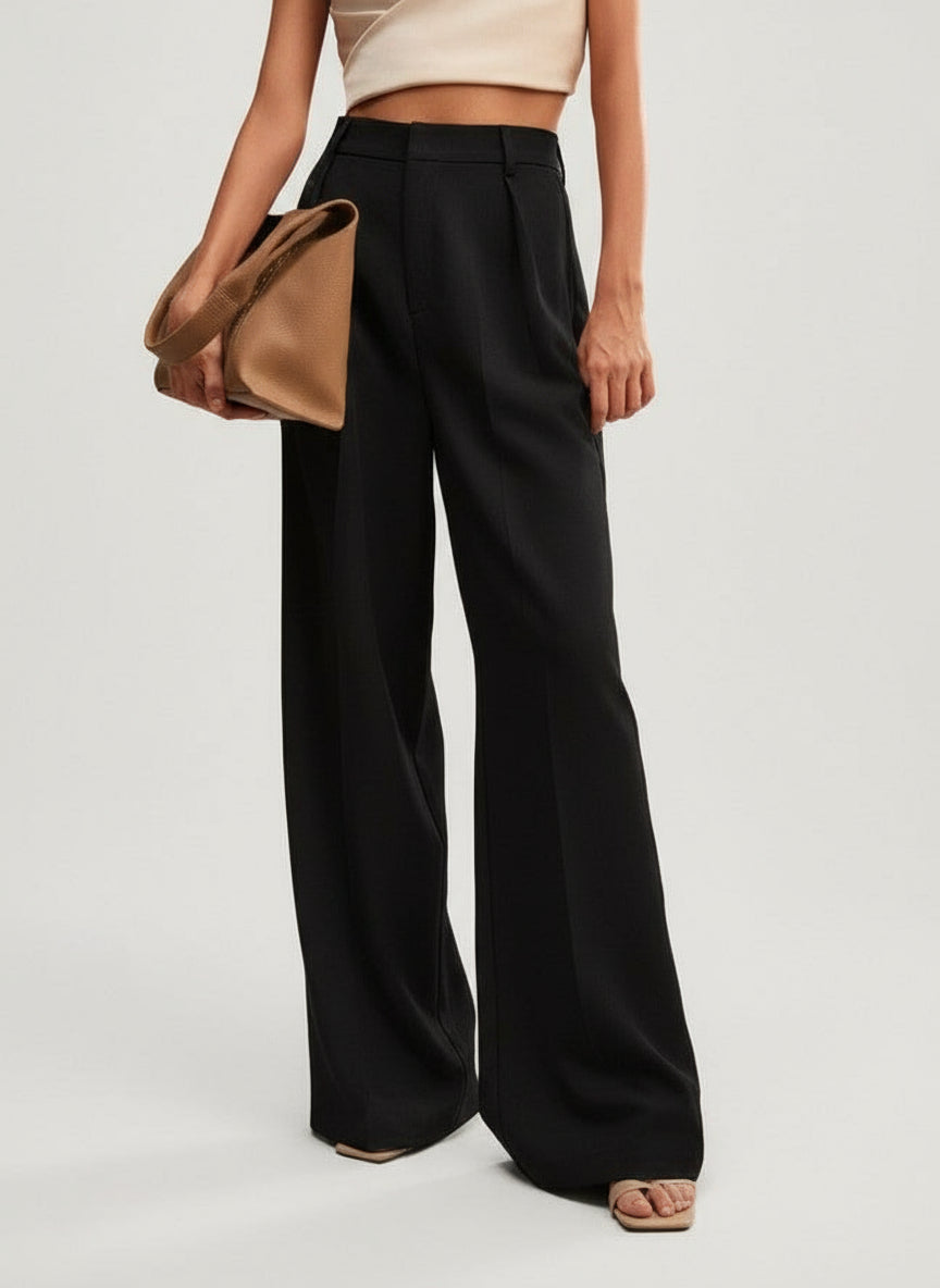Pantalon large femme taille haute plis avant coupe fluide palazzo