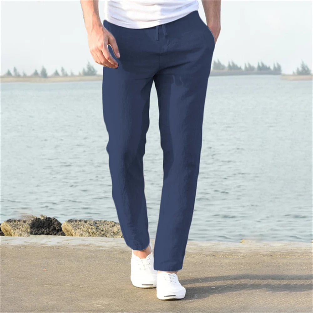 Pantalon homme lin coupe droite taille élastique avec cordon été