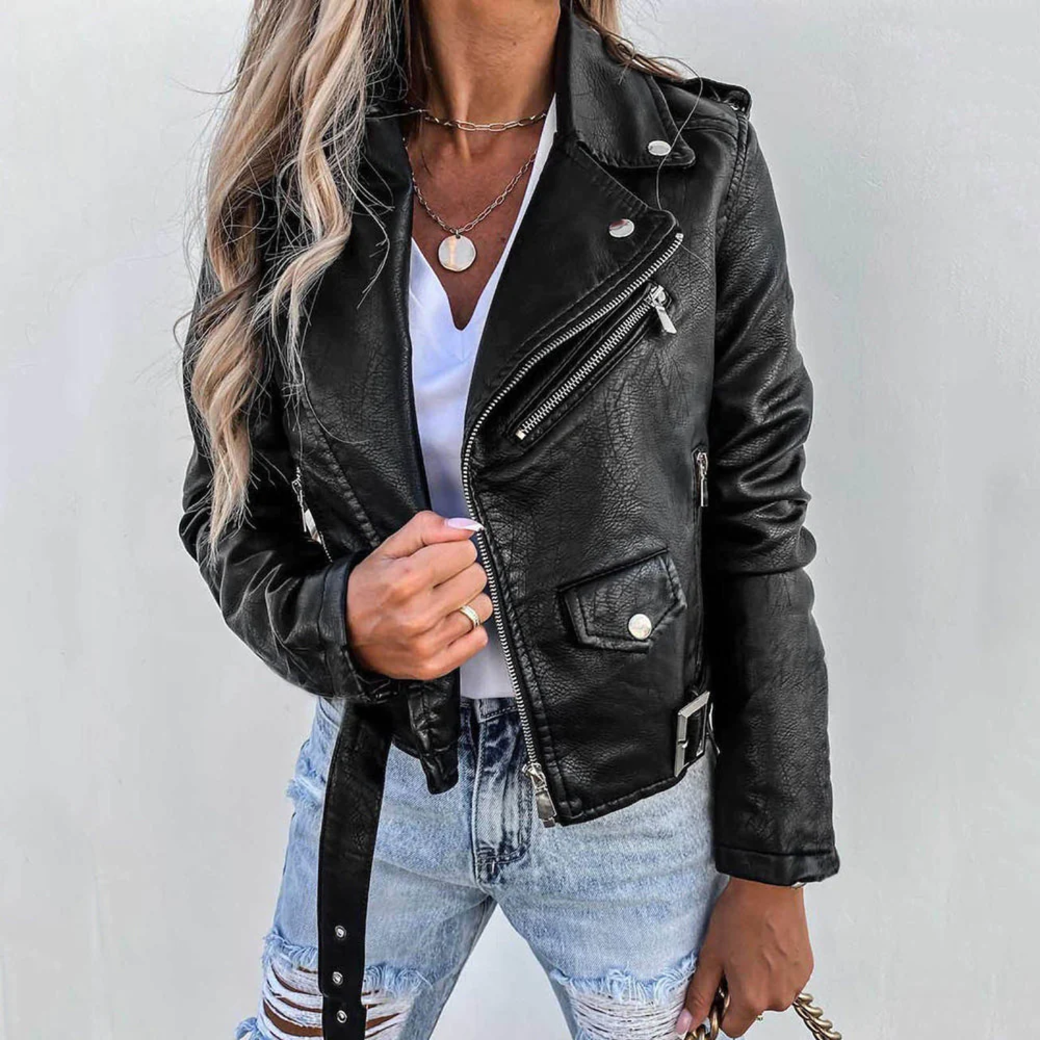 Veste biker femme simili cuir zippée col revers ceinture ajustable coupe courte