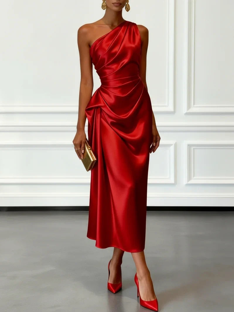 Robe satin midi une épaule drapée soirée