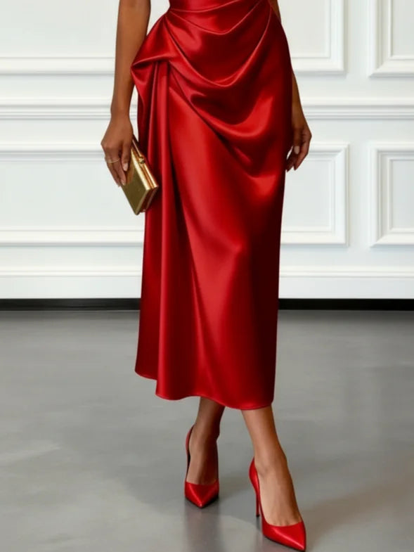Robe satin midi une épaule drapée soirée