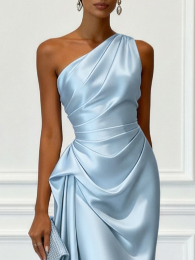 Robe satin midi une épaule drapée soirée