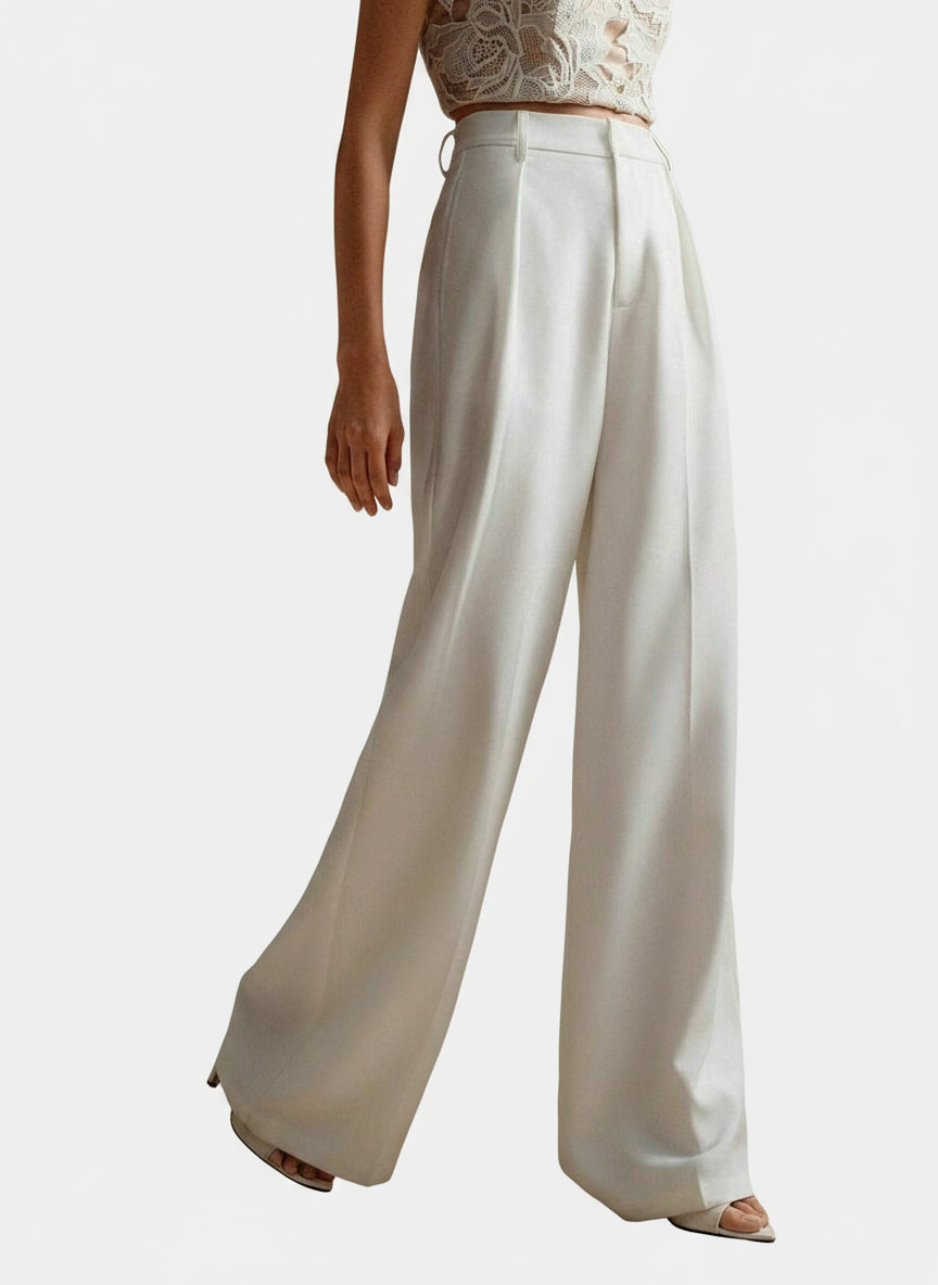 Pantalon large femme taille haute plis avant coupe fluide palazzo