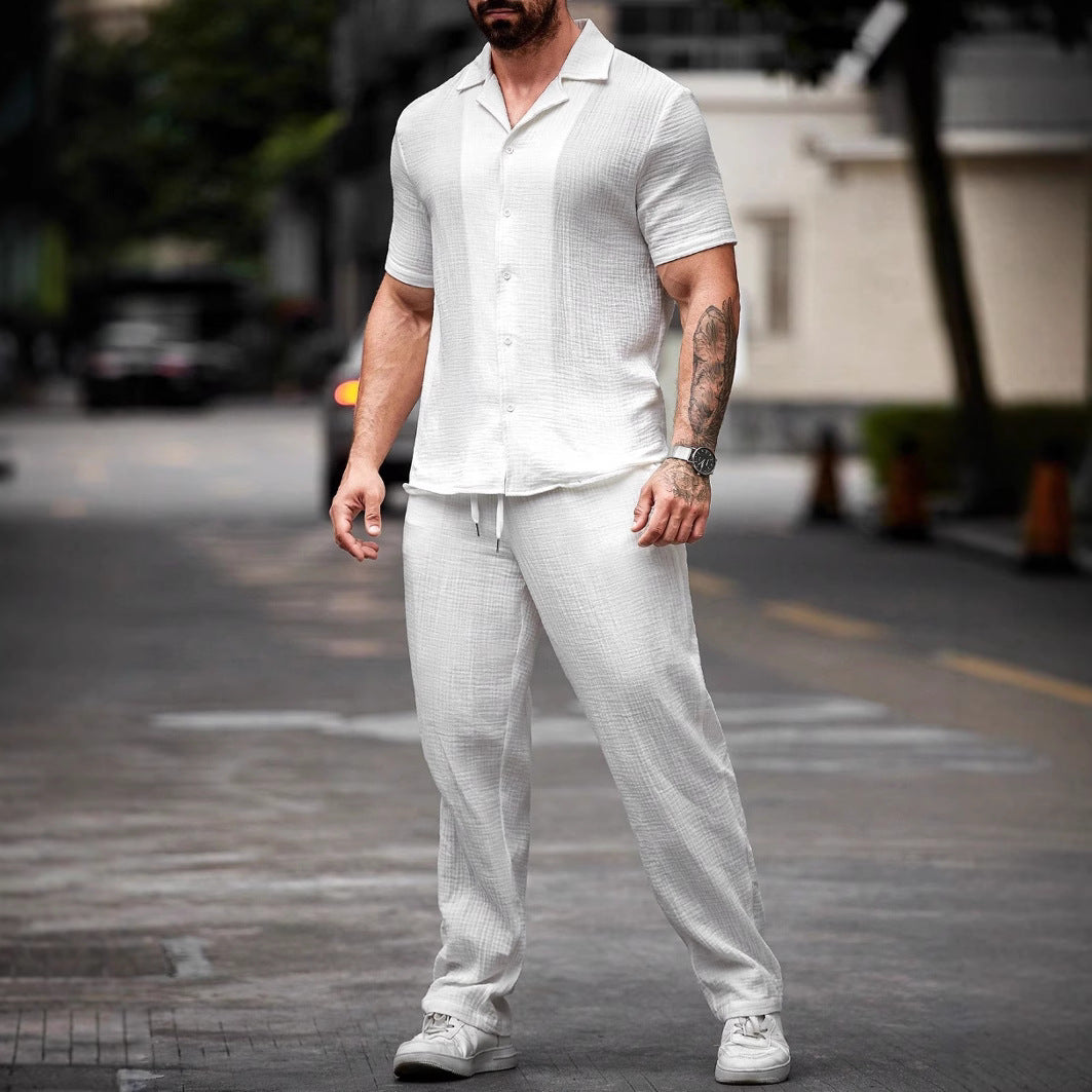 Ensemble homme chemise manches courtes et pantalon droit style été décontracté