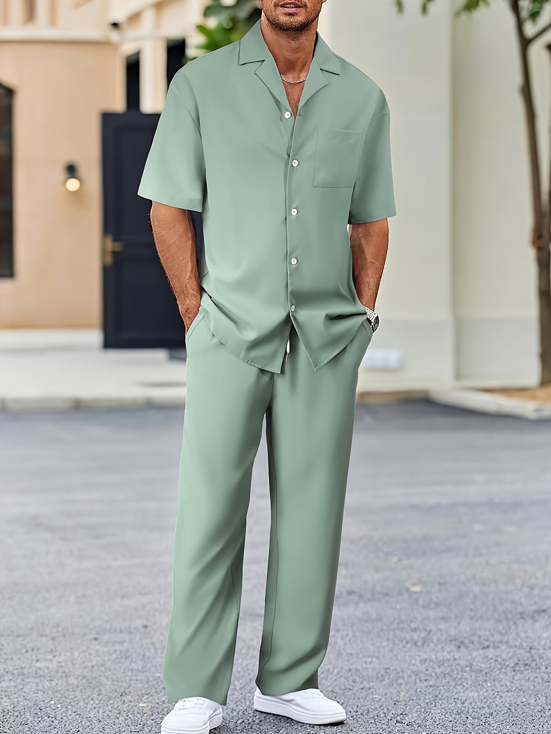Ensemble homme été chemise manches courtes pantalon coupe ajustée