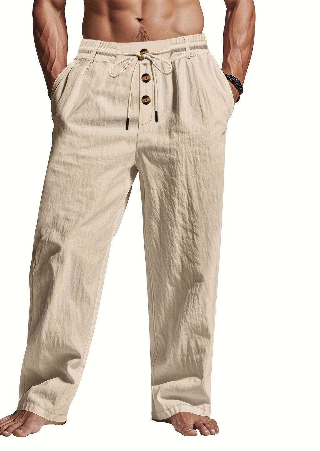 Pantalon en lin homme taille élastique à cordon coupe droite été respirant
