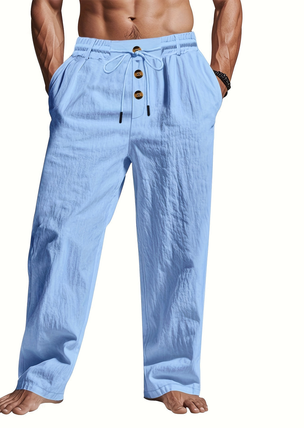 Pantalon en lin homme taille élastique à cordon coupe droite été respirant