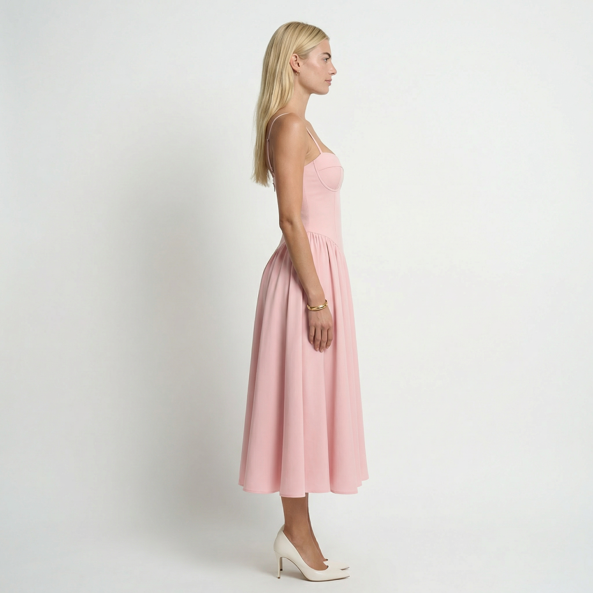 Robe corset bustier midi évasée à bretelles invitée mariage