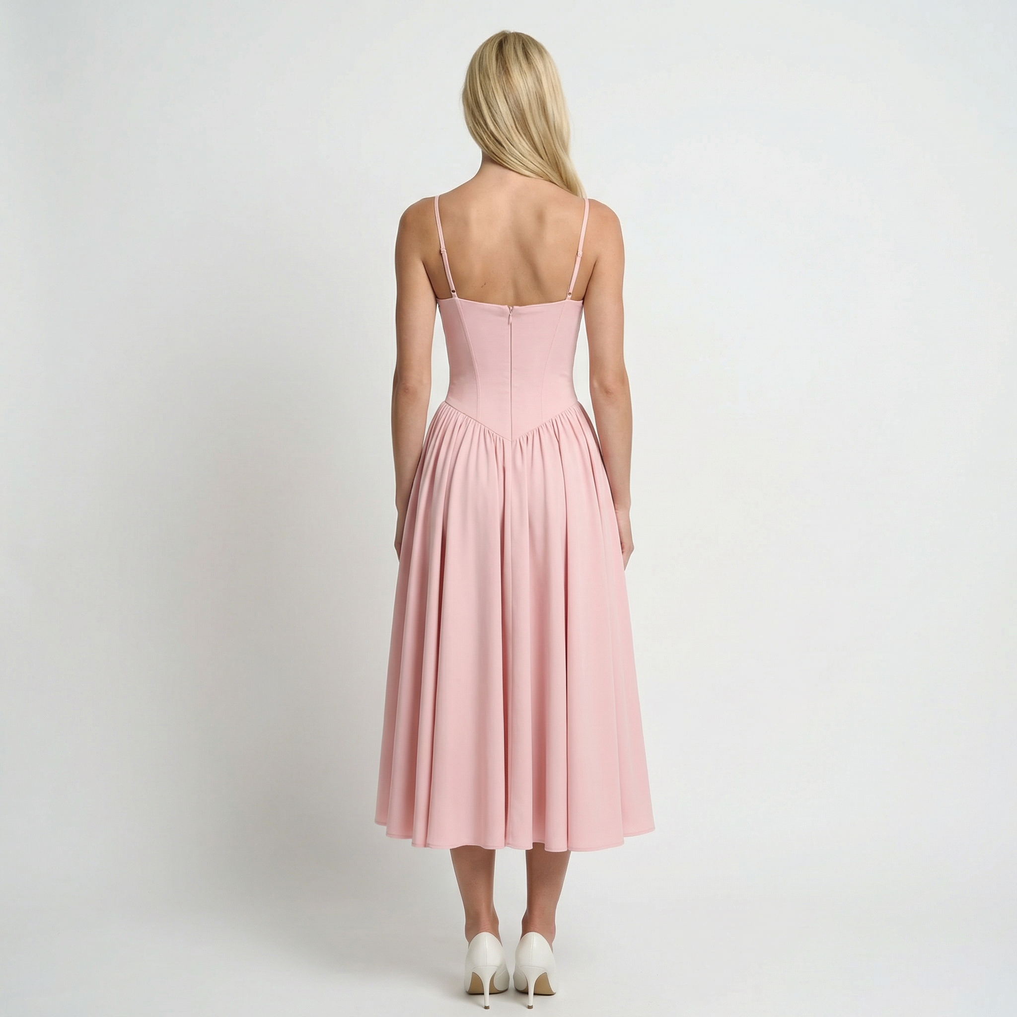 Robe corset bustier midi évasée à bretelles invitée mariage