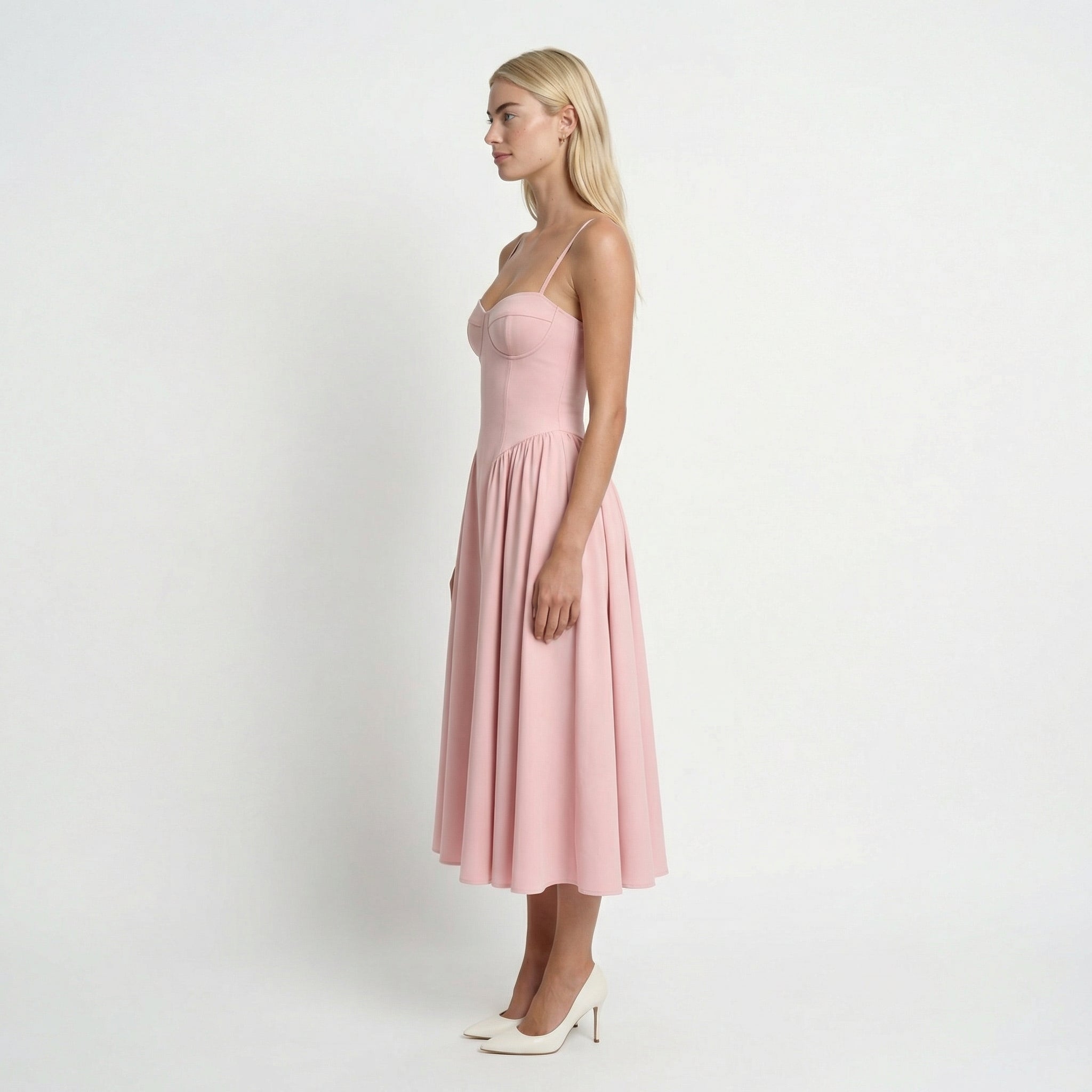 Robe corset bustier midi évasée à bretelles invitée mariage