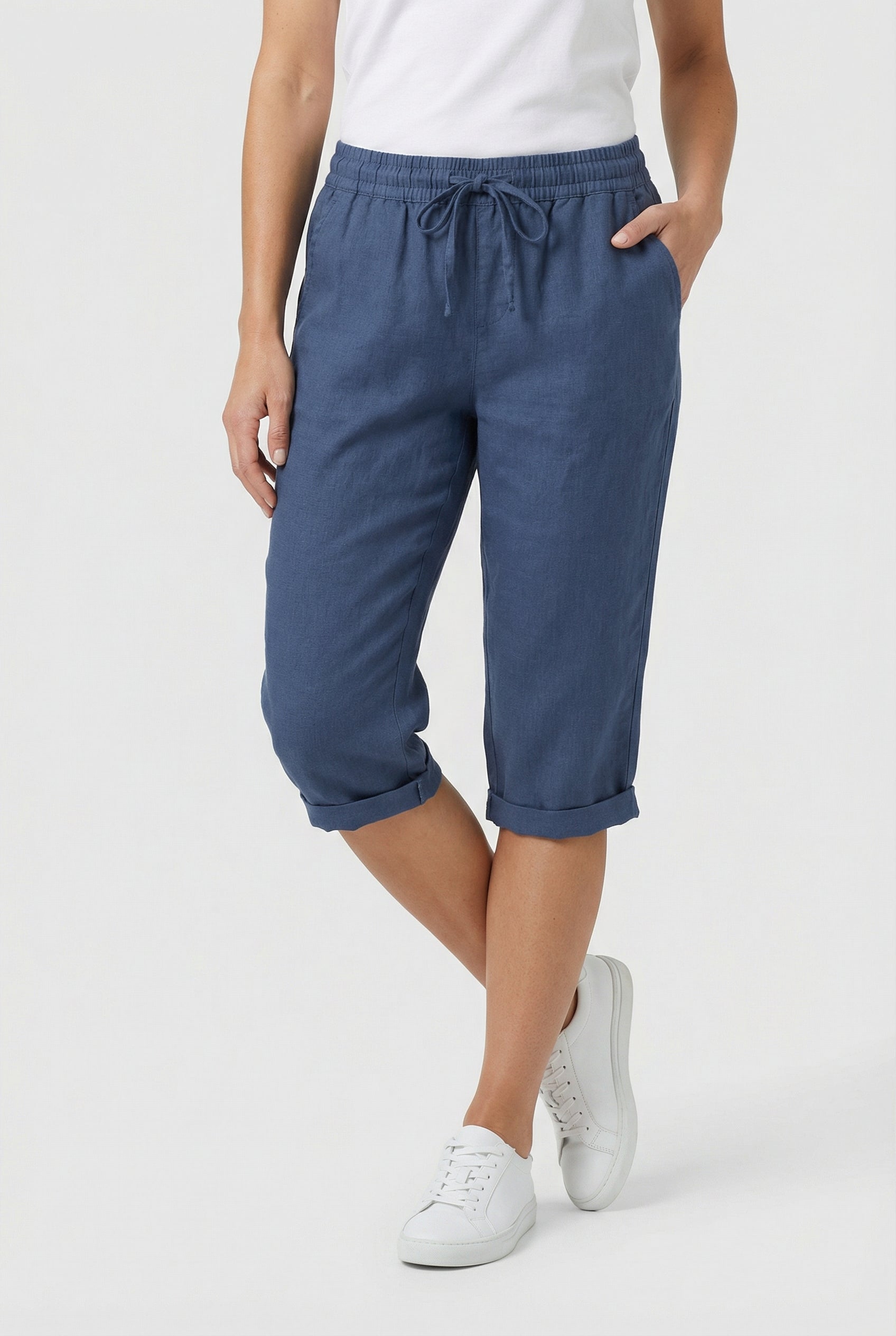 Pantacourt femme en lin taille élastique cordon de serrage poches coupe ample