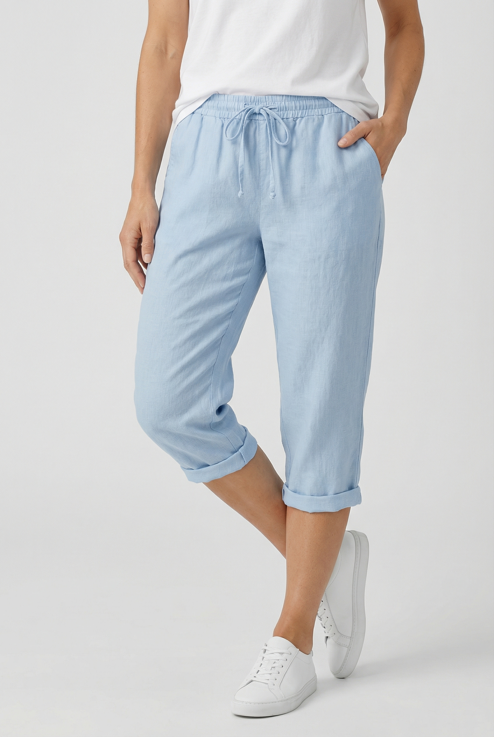 Pantacourt femme en lin taille élastique cordon de serrage poches coupe ample
