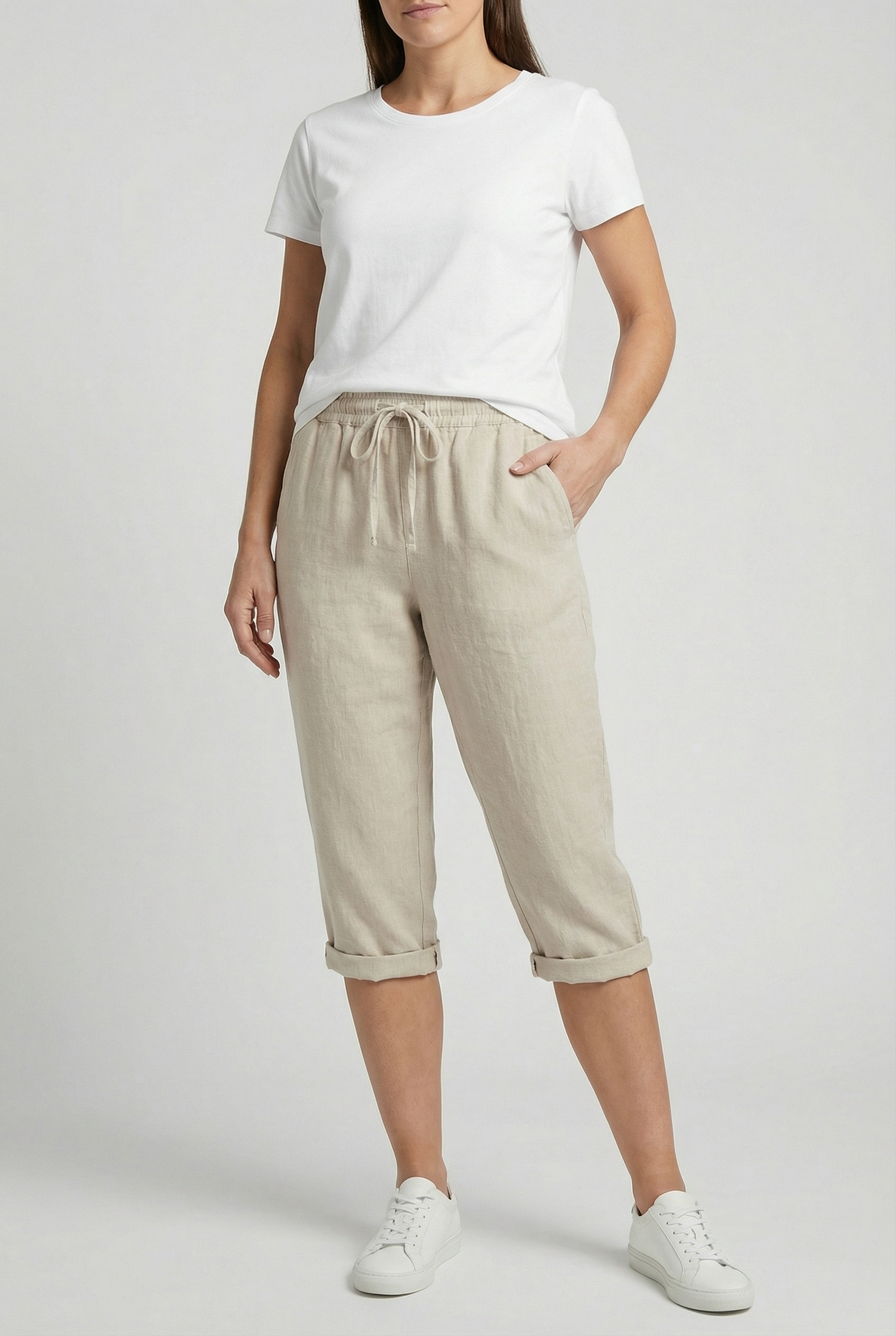 Pantacourt femme en lin taille élastique cordon de serrage poches coupe ample