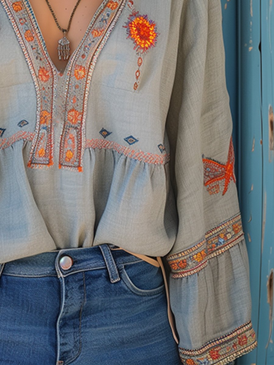 Blouse femme bohème brodée col V manches longues style hippie chic fluide