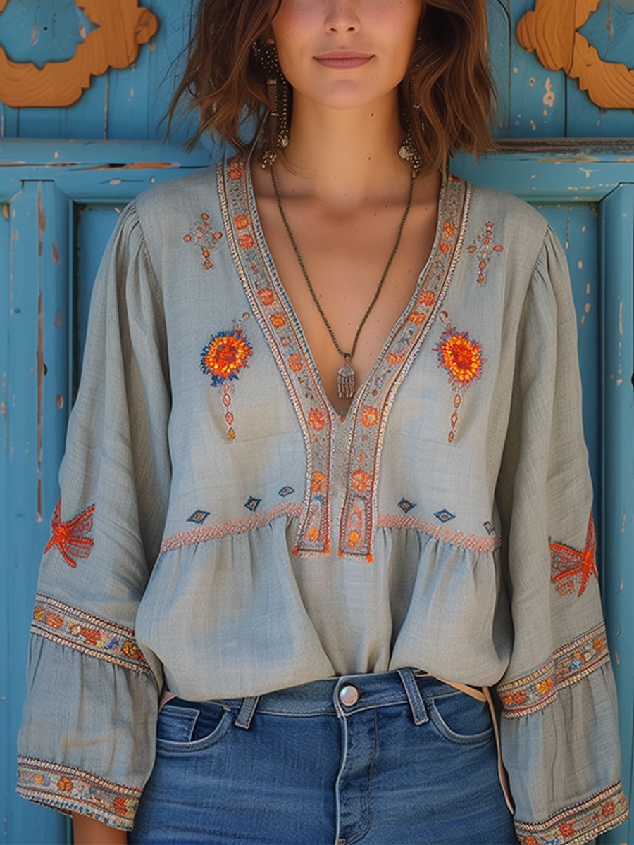 Blouse femme bohème brodée col V manches longues style hippie chic fluide