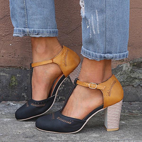 Chaussures femme talon carré bride cheville bout rond style vintage