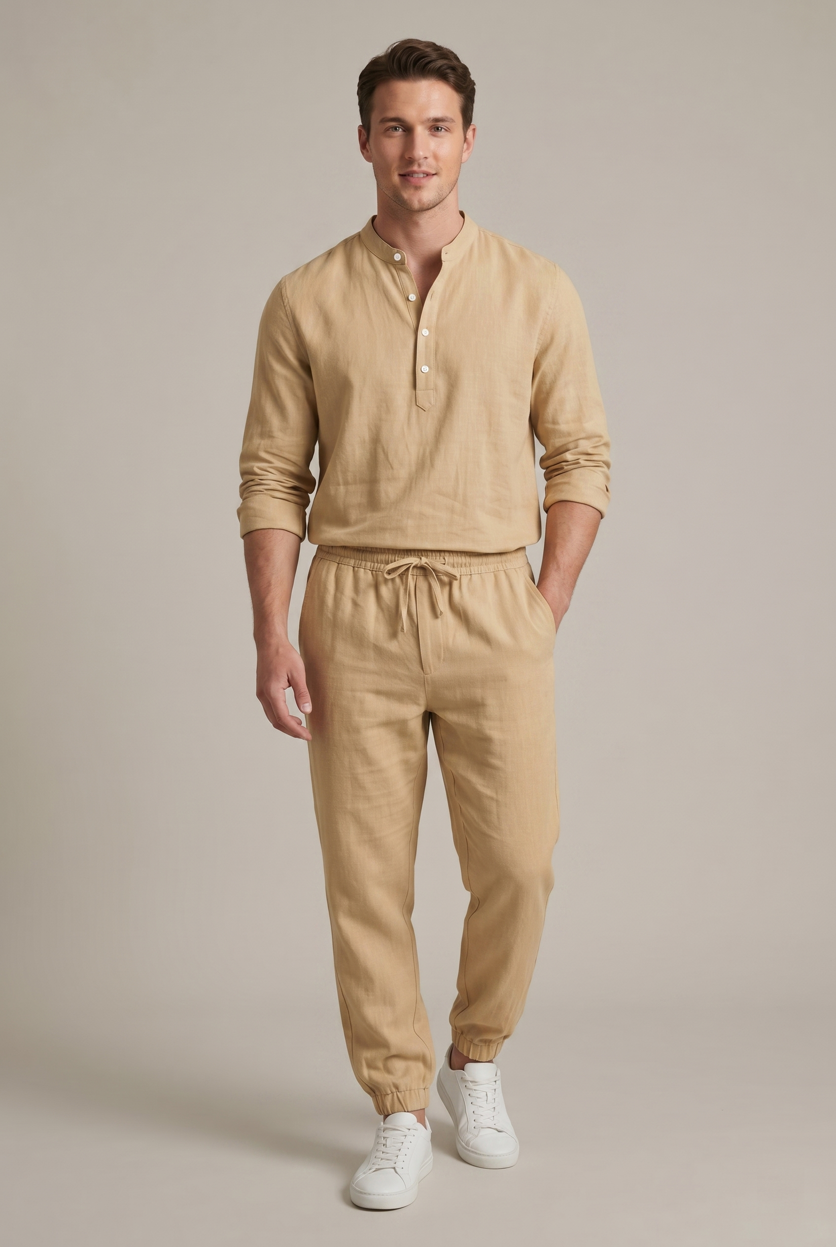 Ensemble lin homme 2 pièces col mao manches longues été