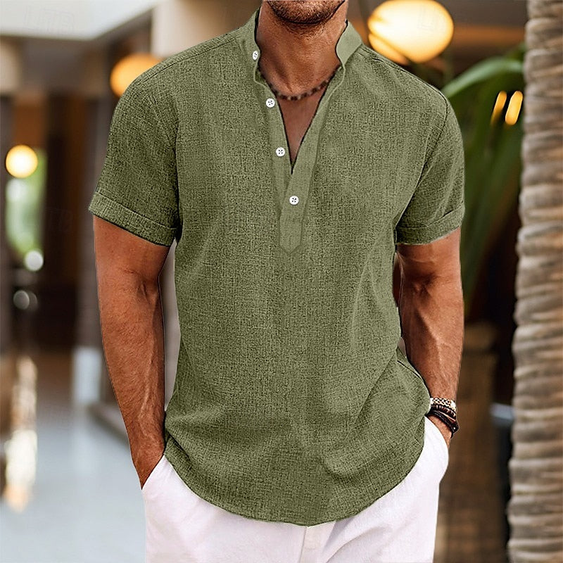 Chemise homme manches courtes col mao légère boutonnée coupe décontractée