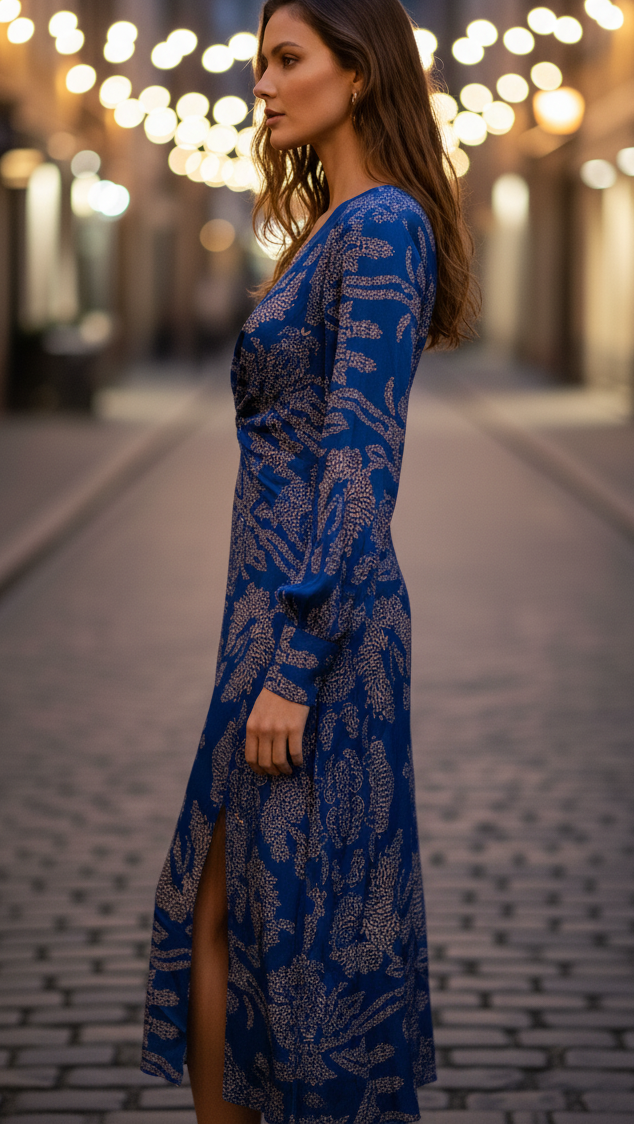 Robe invitée mariage midi femme col V manches longues imprimée fendue élégante