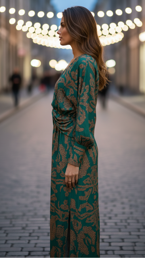 Robe invitée mariage midi femme col V manches longues imprimée fendue élégante