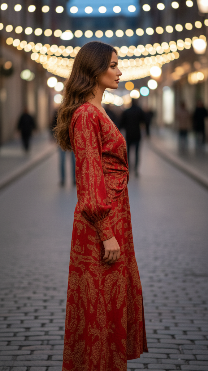 Robe invitée mariage midi femme col V manches longues imprimée fendue élégante