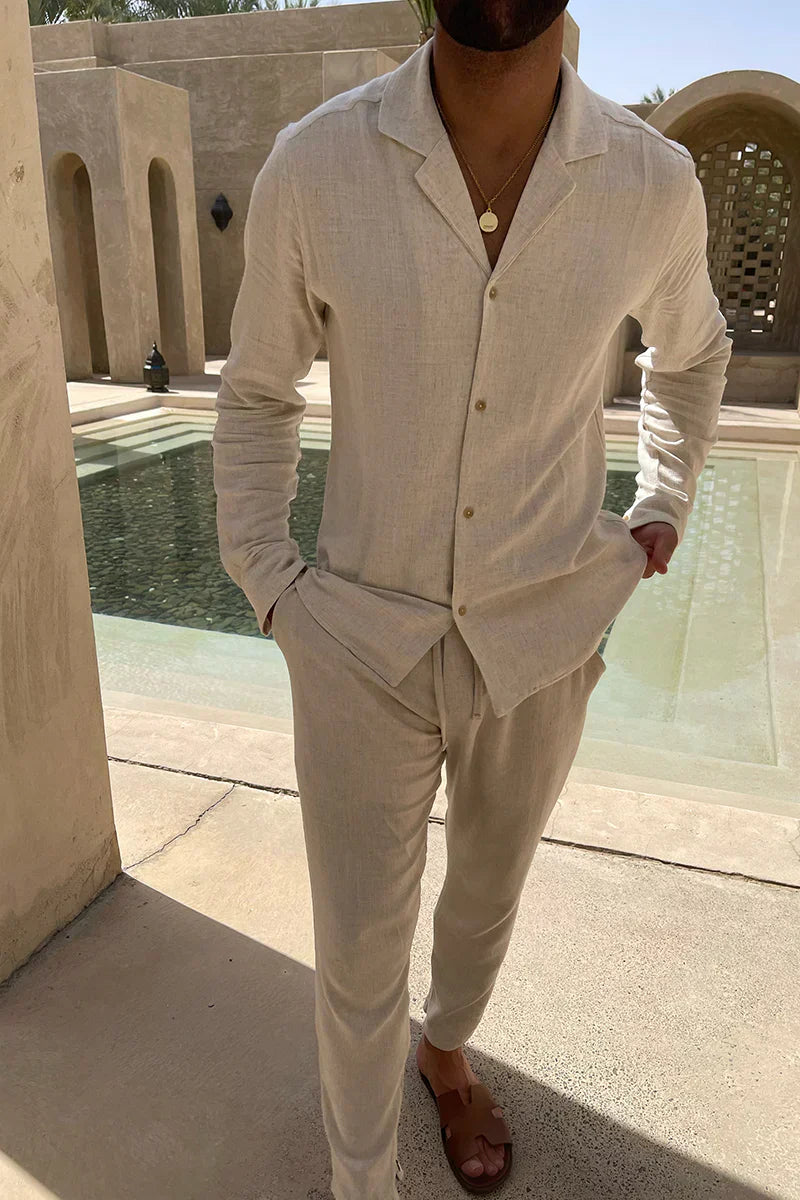 Ensemble lin homme 2 pièces chemise col revers pantalon droit été