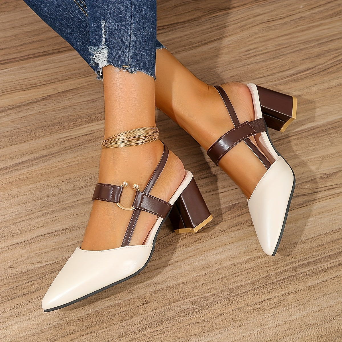 Escarpins femme slingback à talon bloc bout pointu bride arrière