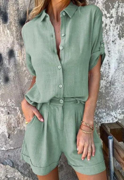 Ensemble femme chemise manches retroussables short taille haute ample casual