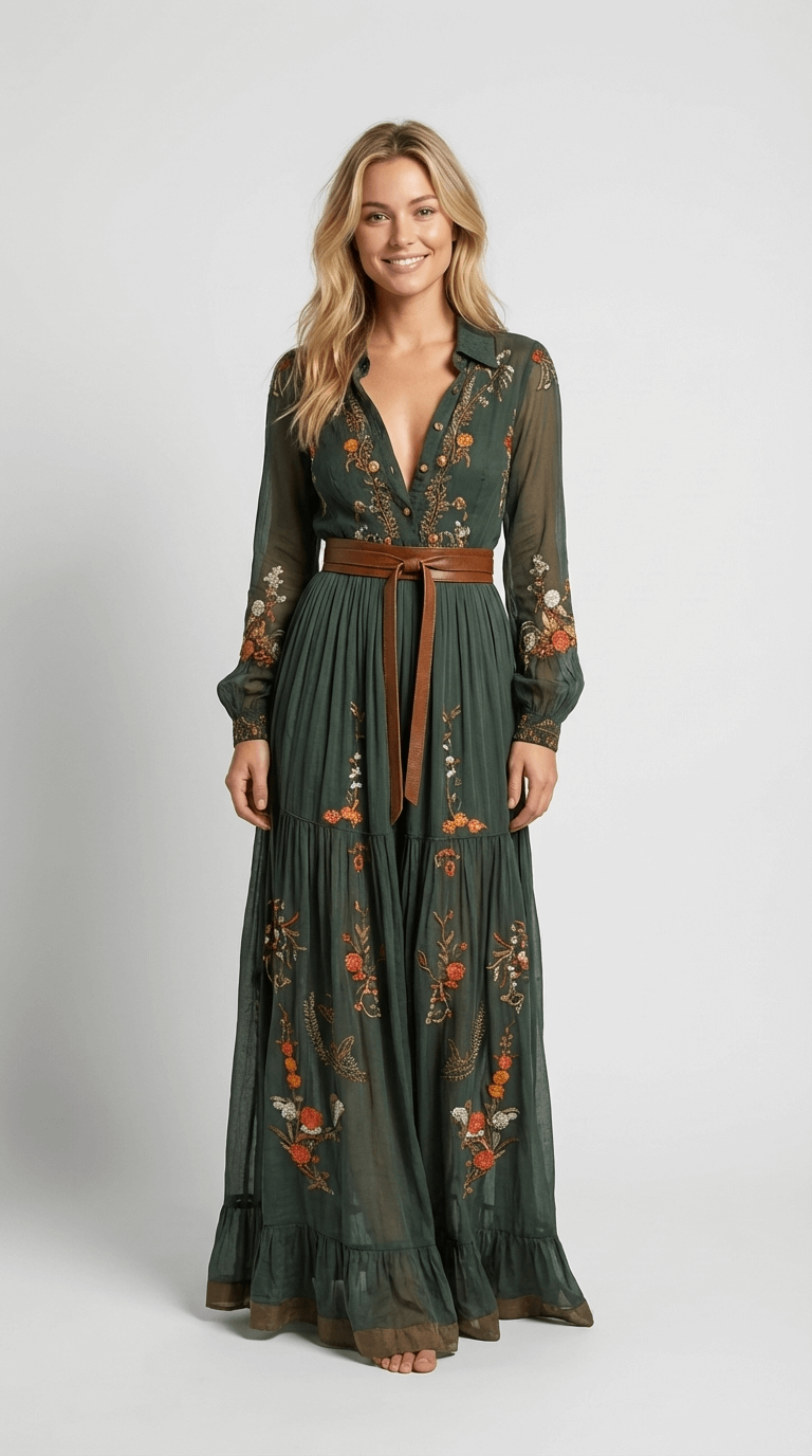 Robe longue femme bohème col V manches longues broderie ceinture taille
