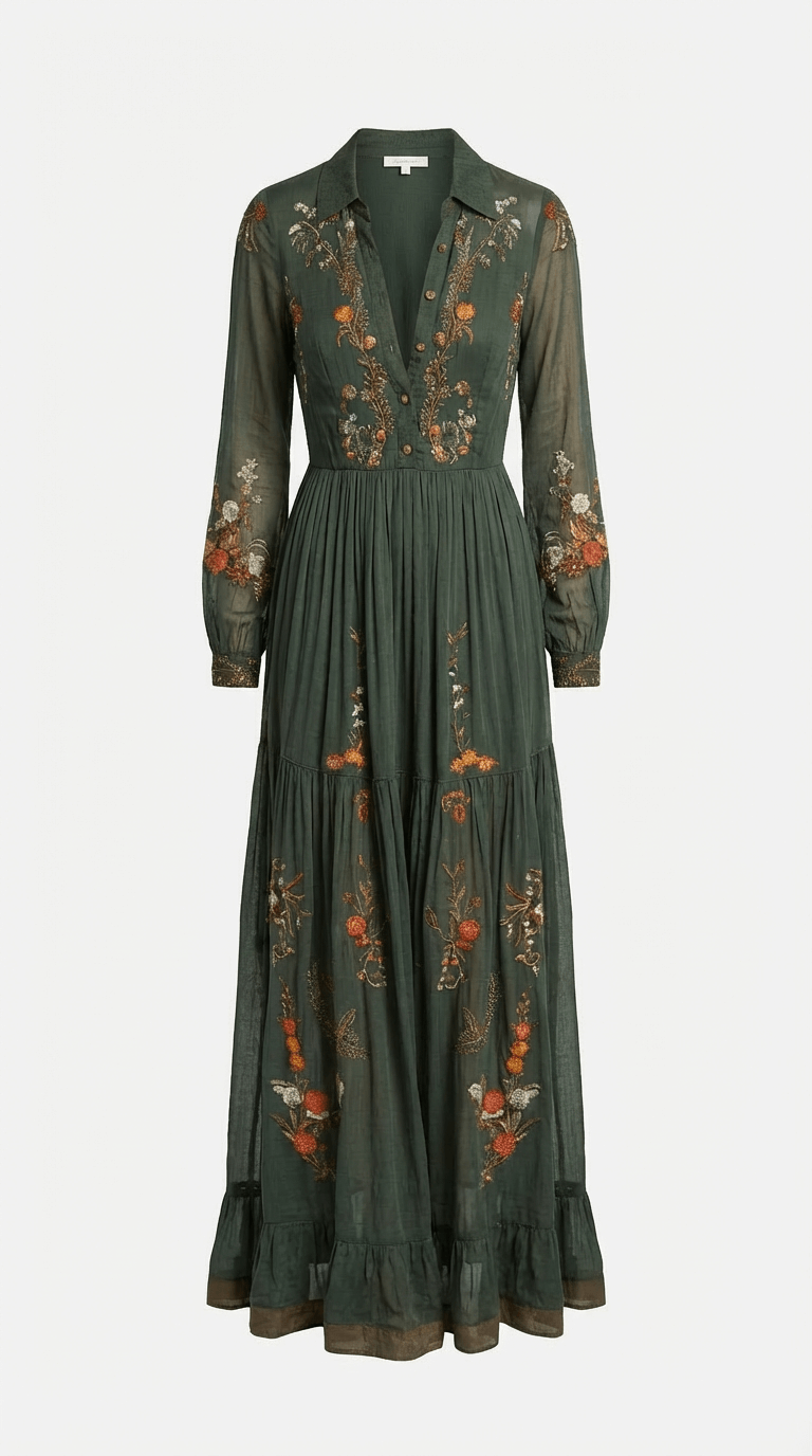 Robe longue femme bohème col V manches longues broderie ceinture taille