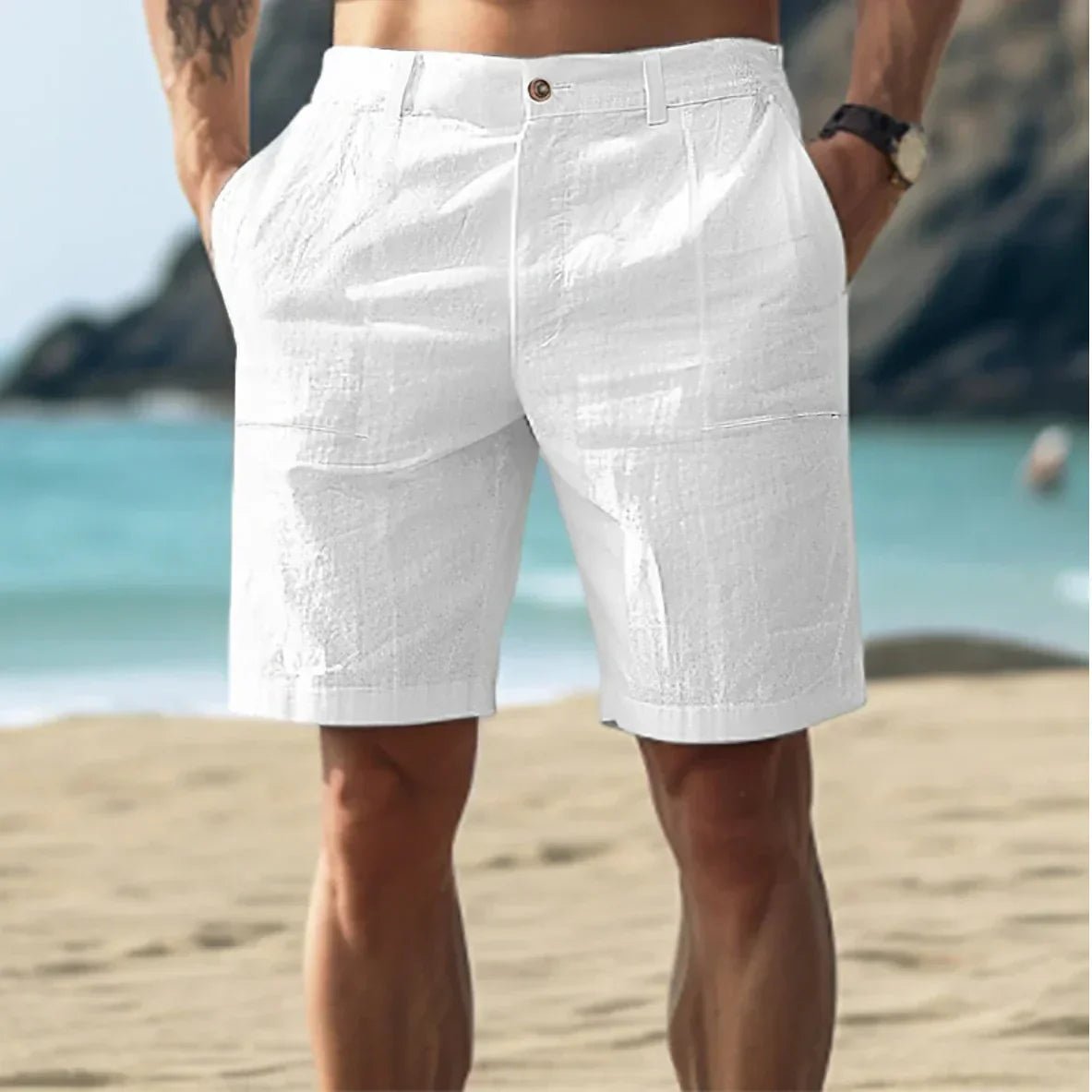Short chino homme en lin coupe droite pour été décontracté