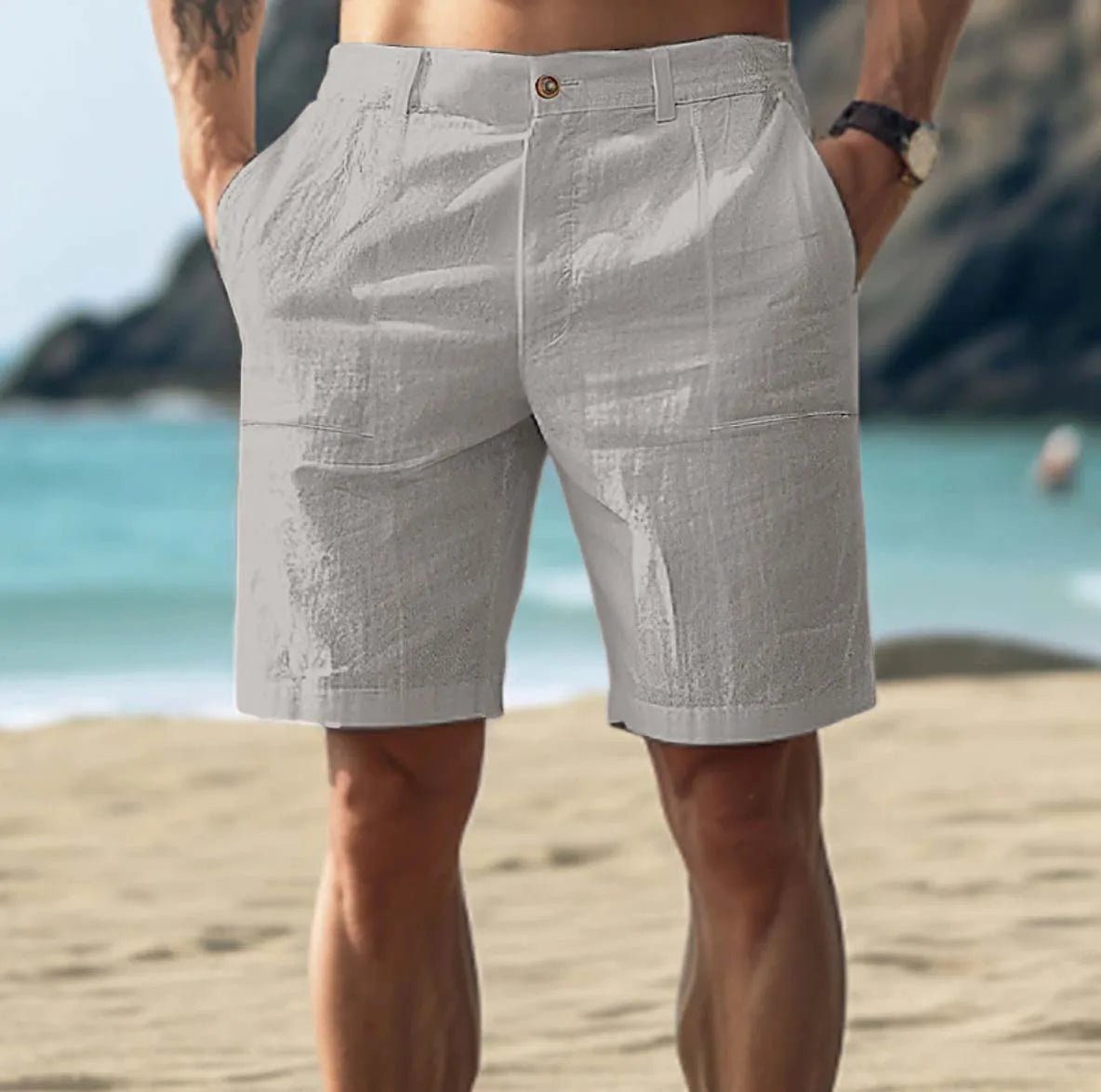 Short chino homme en lin coupe droite pour été décontracté