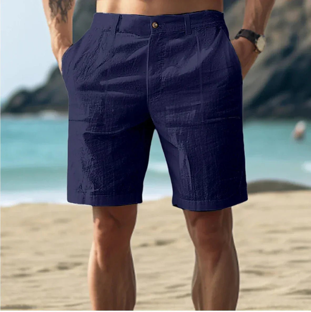 Short chino homme en lin coupe droite pour été décontracté