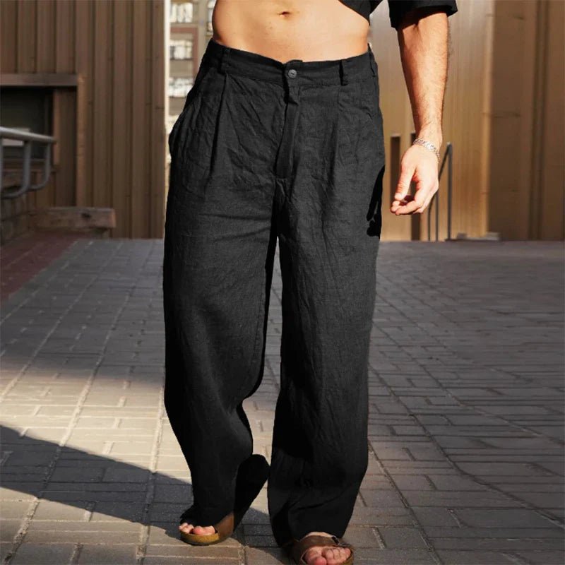 Pantalon homme en lin coupe large plissée style décontracté été