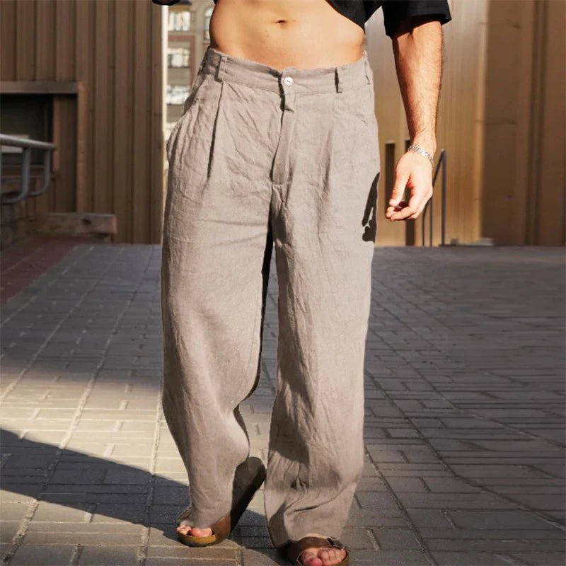 Pantalon homme en lin coupe large plissée style décontracté été