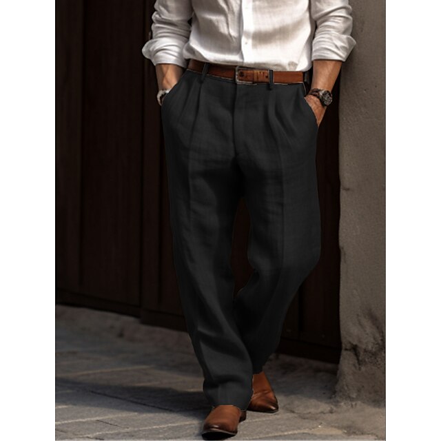 Pantalon homme lin coupe large taille haute plis style habillé décontracté
