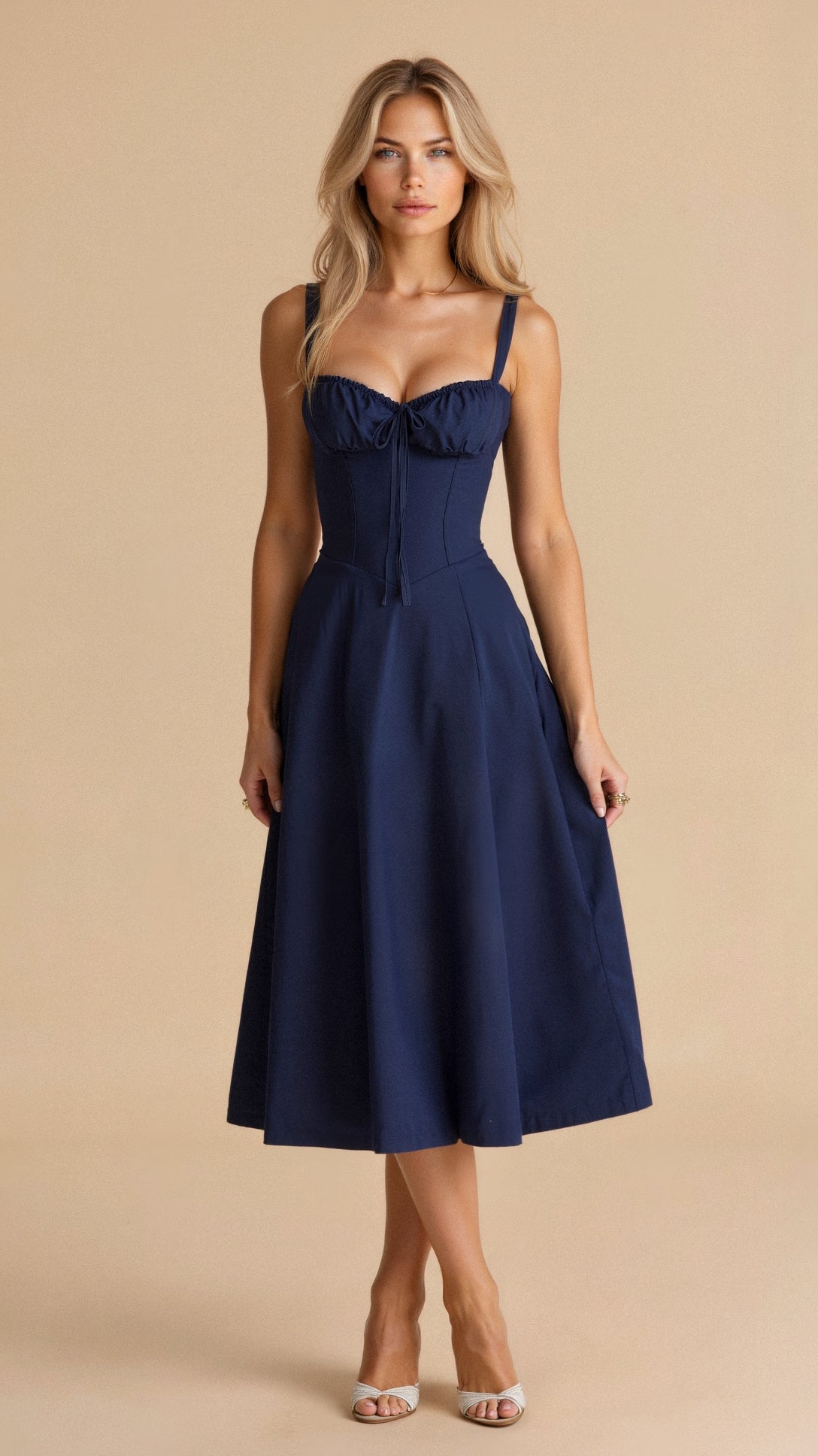 Robe midi femme fleurie style corset bretelles fines fente coupe ajustée