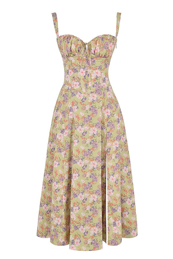 Robe midi femme fleurie style corset bretelles fines fente coupe ajustée