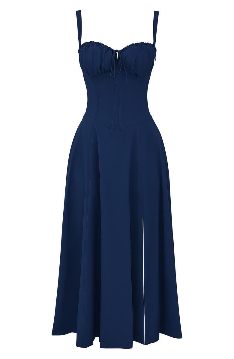 Robe midi femme fleurie style corset bretelles fines fente coupe ajustée