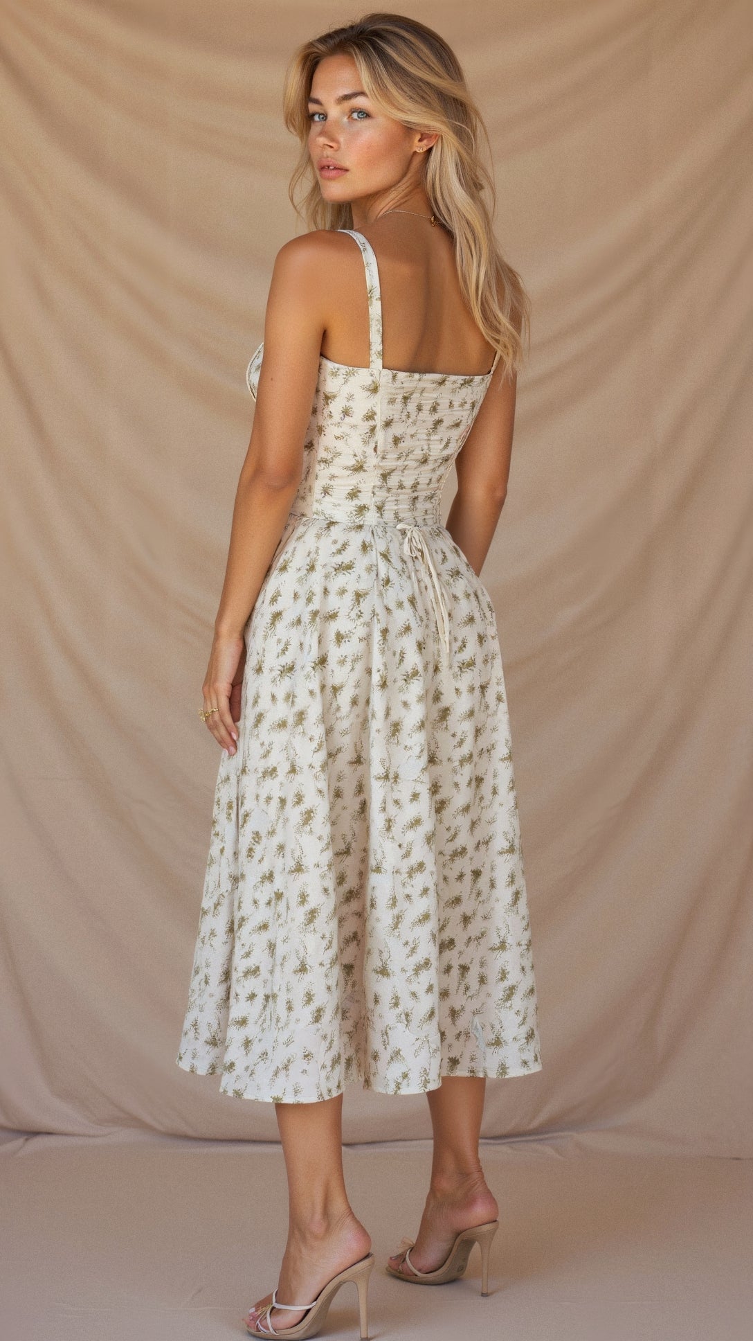 Robe midi femme fleurie style corset bretelles fines fente coupe ajustée