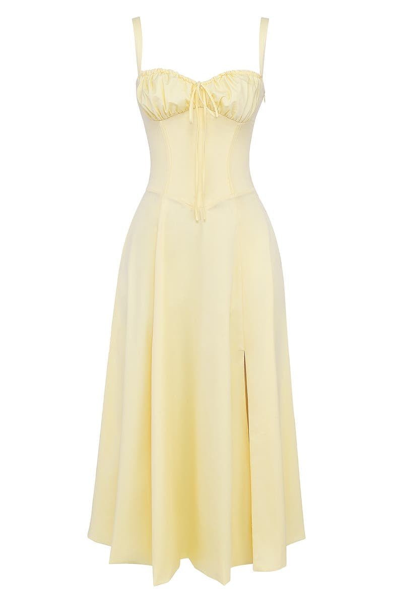 Robe midi femme fleurie style corset bretelles fines fente coupe ajustée