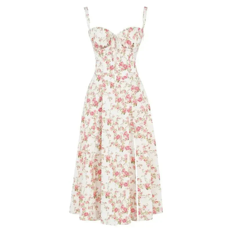 Robe midi femme fleurie style corset bretelles fines fente coupe ajustée