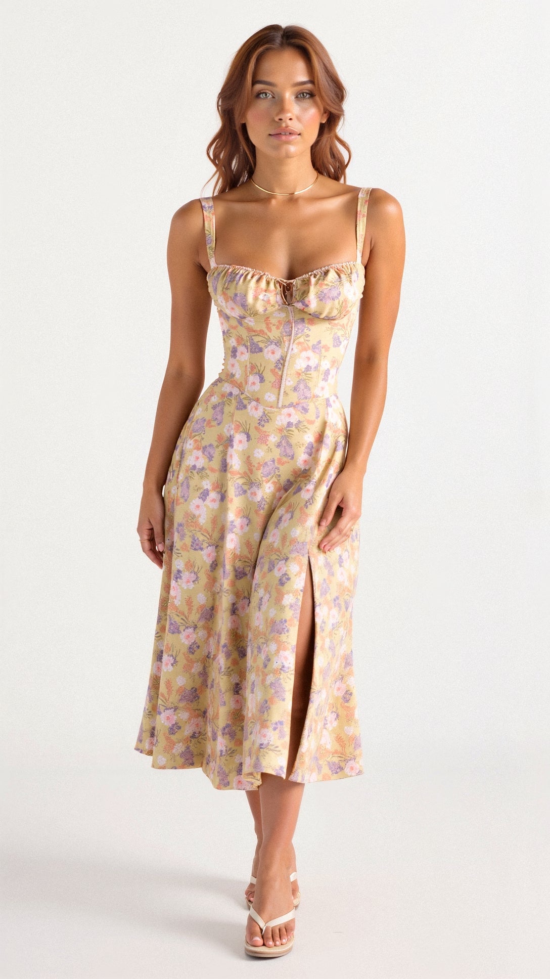 Robe midi femme fleurie style corset bretelles fines fente coupe ajustée