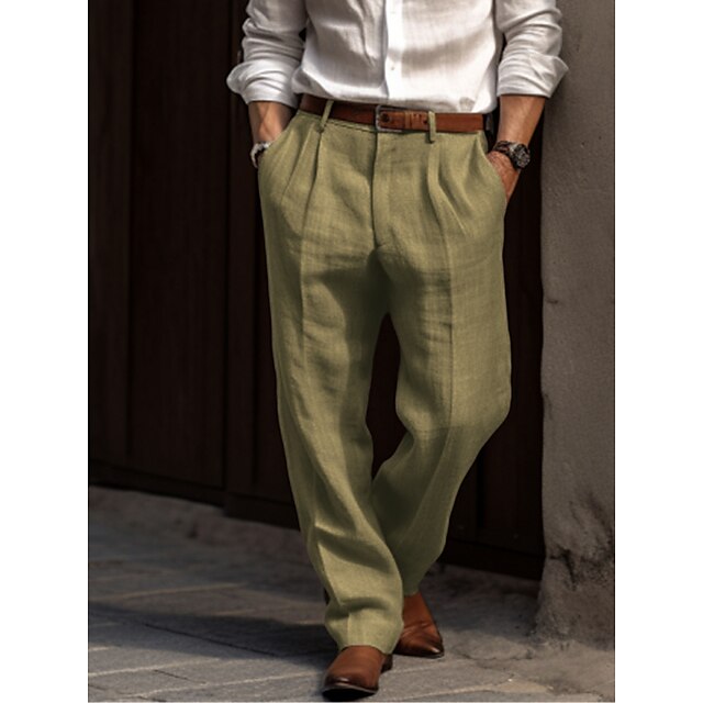 Pantalon homme lin coupe large taille haute plis style habillé décontracté
