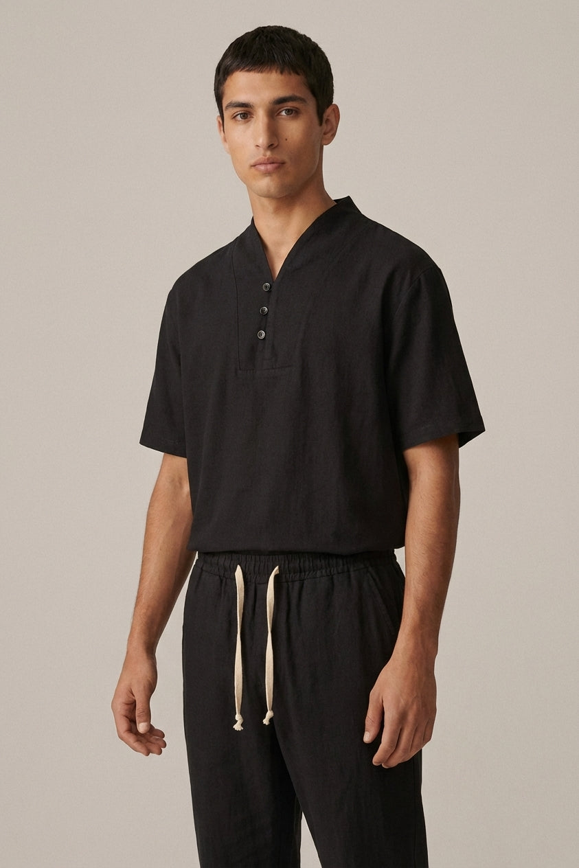 Ensemble homme coton lin été t-shirt col tunisien pantalon à cordon décontracté