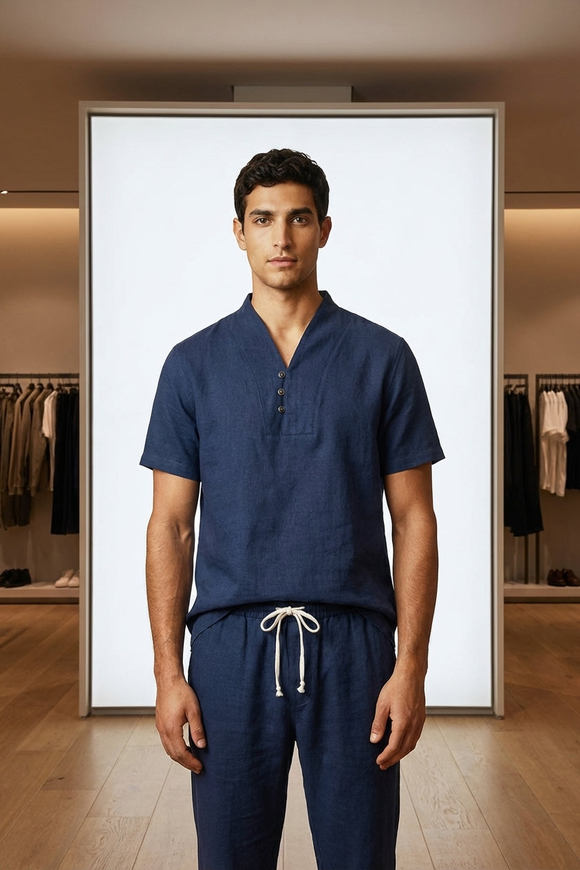 Ensemble homme coton lin été t-shirt col tunisien pantalon à cordon décontracté