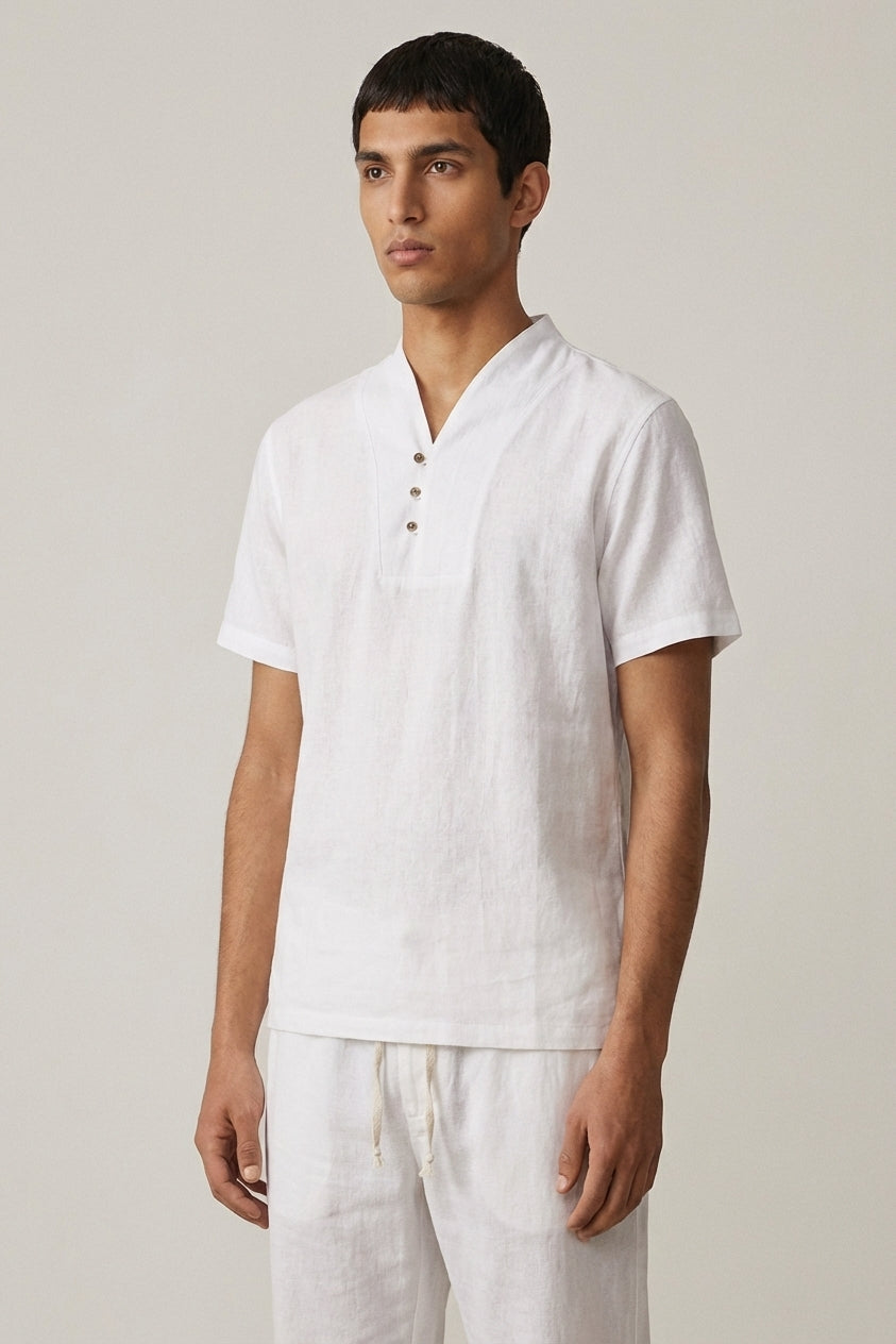 Ensemble homme coton lin été t-shirt col tunisien pantalon à cordon décontracté