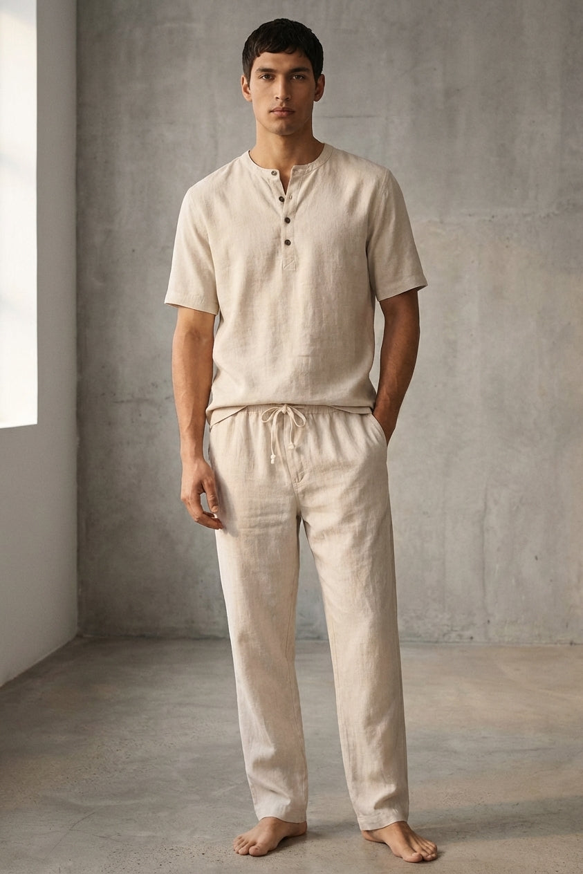 Ensemble homme coton lin été t-shirt col tunisien pantalon à cordon décontracté