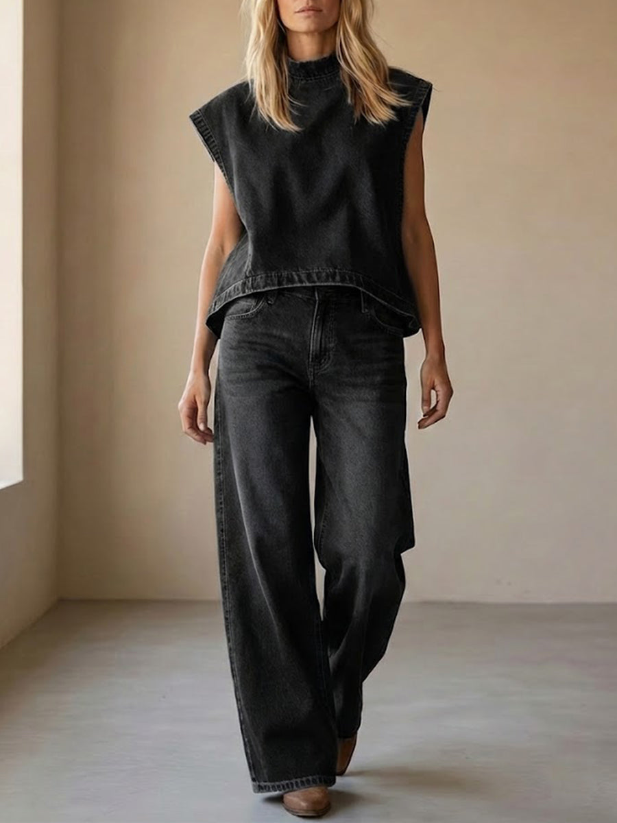 Ensemble femme jean top sans manches col montant pantalon large taille haute