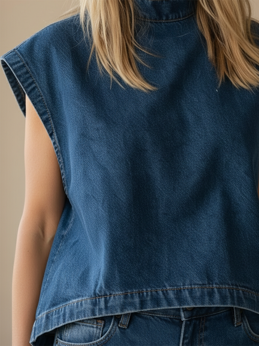 Ensemble femme jean top sans manches col montant pantalon large taille haute